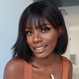 Joedir Straight Bob Wig with Bangs Brazilian Short Human Hair Wig Straight None Lace Front Wigs for Women 10 Inches