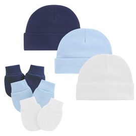 Durio Newborn Baby Hat and Gloves Set Knot Beanie Hat Scratch Mittens Baby Boys Girls 0-6 Months, Set of 3 white, light blue and navy