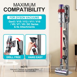 SIOMK Vacuum Stand for Dyson Gen5 V15 V12 V11 V10 V8 V7 V6, Drill-Free Standing Dock with Hidden Cord & Space-Saving Design, Stable Metal Organizer for Cordless Cleaner & Attachments, Easy Assembly