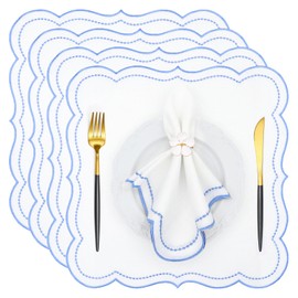 yuuzue Set of 4 Embroidery Cloth Napkins, Soft Reusable Scalloped Napkins Washable Dinner Napkins Table Decor for Home Hotel Restaurant Weddings Events Parties, 15.7 x 15.7 Inches