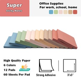 (12 Pack) Sticky Notes, 3x3 in Post, Vintage Colors Sticky Notes Post Sticky Colorful Super Sticking Power Memo Pads Sticky Note Pads, Multi-Color Sticky Pad for Home, Office, School