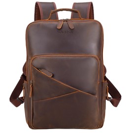 STAR VISTA 15.6" Trajan Vintage Full Grain Leather Laptop Backpack for Men, Multi Pockets, Casual Outdoor Business Travel Rucksack, YKK Zippers