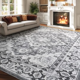 Lessymo Area Rugs 9x12 Living Room, Large Area Rug Machine Washable Area Rug for Bedroom Living Room, Vintage Rugs Boho Floral Medallion, Non-Slip Rubber, Low Pile, Kid & Pet Friendly, Grey White