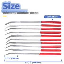 Mesee 10Pcs Mini Diamond Needle Files 3 x 140mm Assorted Curved Bent Metal Riffler Files Small Diamond Coated Needle File Set Precision Hand Tools for Glass Stone Jewelry Wood Filing Carving