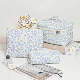 3-Piece Set Cosmetic Bag Women's Travel Toiletry Bag Large Cotton Toiletry Bag with Floral Pattern Portable Cosmetic Bag Organiser Quilted Make Up Bag with 2 Hairpins for Everyday and Travel