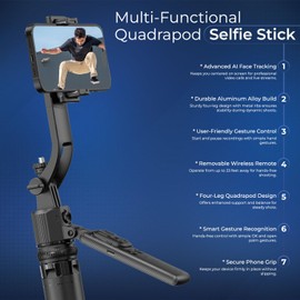 DRONESKYVE 64" Multi-Functional Quadrapod Selfie Stick - Wireless Remote - 360° AI Face Tracking Gimbal - Detachable Phone Stand - Compatible with Android and iPhones Ideal Selfie Stick with Remote
