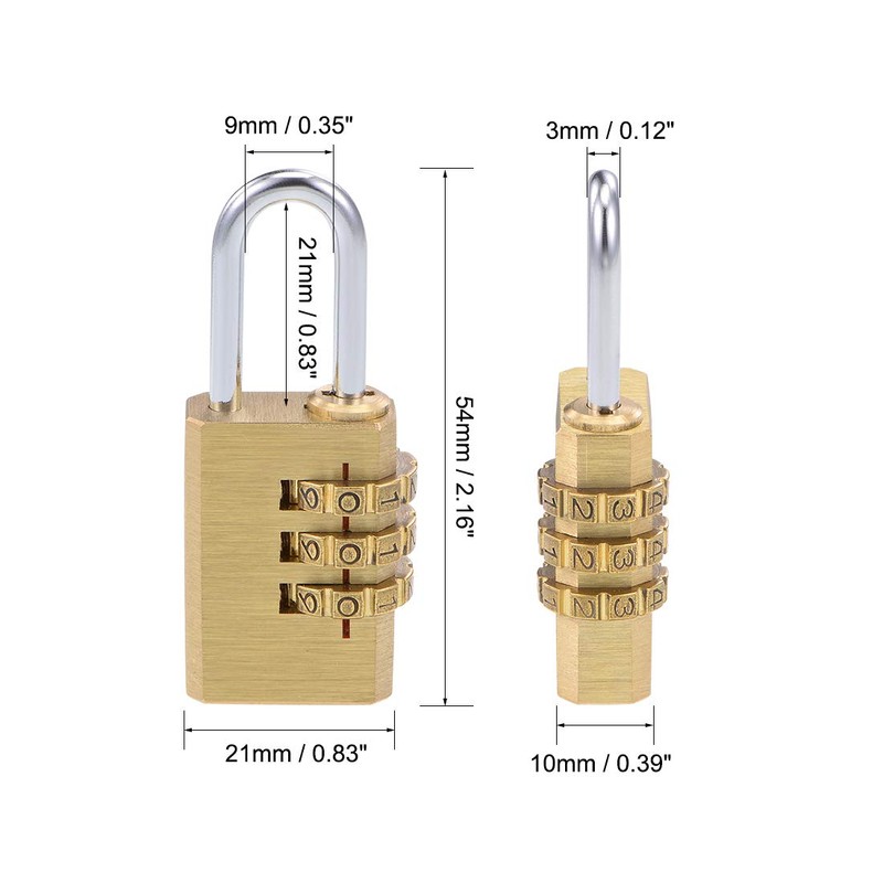 sourcing map 3 Digit Combination Padlock Brass Locks 3mm Shackle