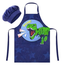 MHJY Kids Apron and Chef Hat for Boys Dinosaur Adjustable Child Aprons with Pockets for Cooking Baking Painting 3-12 Years