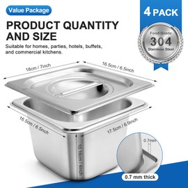 Philbinden 4 Pack Stainless Steel Hotel Pans 1/6 Size 4 Inch Deep With Lids, 0.7 mm Thick 304 Stainless Steel Hotel Pans for Ffor Home, Party, Hotel, Buffet Commercial Kitchen Use