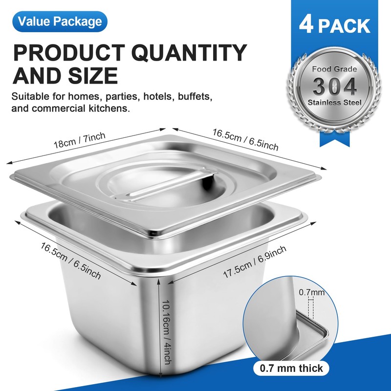 Philbinden 4 Pack Stainless Steel Hotel Pans 1/6 Size 4