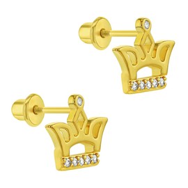 Gold Plated Clear Cubic Zirconia Princess Crown Safety Screw Back Earrings for Toddlers and Young Girls - Stunning Royal Princess Crown Jewelry Gift for your Little Princess