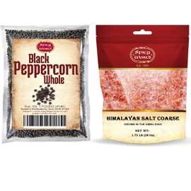Spicy World Whole Black Peppercorns 16 Oz + Himalayan Pink Salt Coarse 1.75 LB (28 Oz)