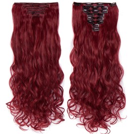 Clip In On Hair Extension 8pcs 18Clips 24" Curly Maroon Mix Dark Red Synthetic Heat Resistant Hairpieces Full Head Curly Straight For Women Girls(24" Curly, Maroon Mix Dark Red)