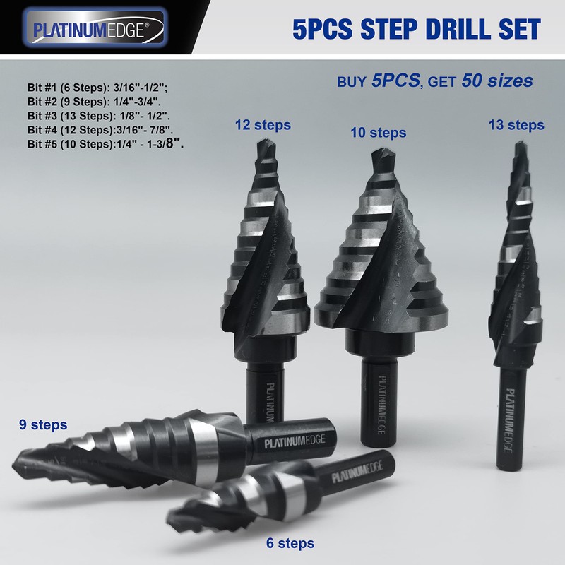 PLATINUMEDGE Step Drill Bits Set, 5 Pcs High Speed Steel