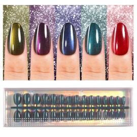 150Pcs Cat Eye Press on Nails, Plauva Short Oval Cat Eye Nail Tips, Glossy Glitter Fake Nails, Soft Gel Stick On Nails for Women and Girls 15 Sizes