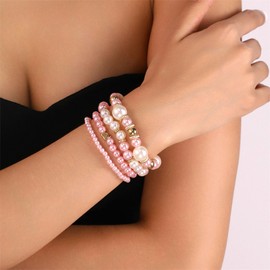 Long tiantian Elastic Pearl Bracelet Set Wedding Accessories Bridesmaid Bracelet Bridal Party Prom Beaded Bracelet Bohemian Stackable Bracelet for Bridesmaid,Bridal,Party Jewelry