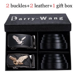 Barry.Wang Men's Leather Belt Black Ratchet Belt with 3 Automatic Buckles Adjustable Strap Business Gift Box, Black and Gold Eagle Pattern