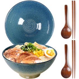 NUTRIUPS 8 Inch Ceramic Ramen Bowl Set of 2 Pho Bowls 40oz Japanese Noodle Udon Soup Bowls with Spoons and Chopsticks (Ice Crack Blue)