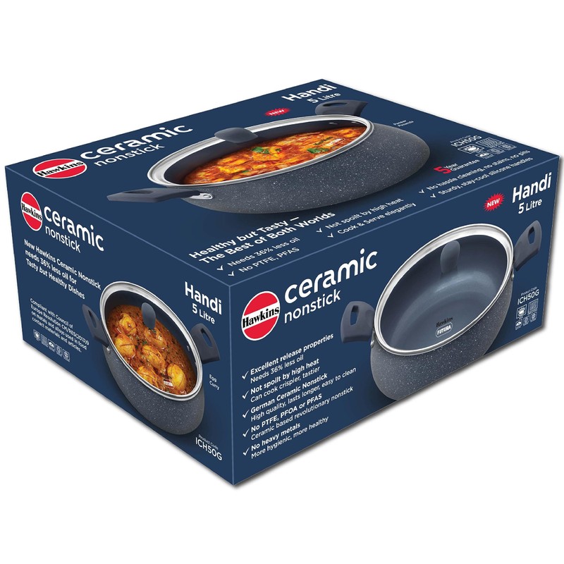 Hawkins Ceramic Nonstick Handi, 5 Litre, Induction Biryani Pot, Granite