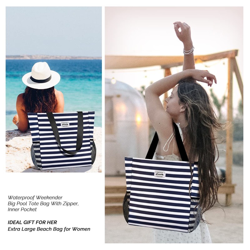 HOMESPON Large Waterproof Beach Tote Bag with Zip and Pockets