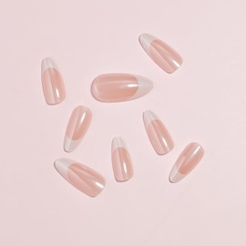 Mtruil 24 Pcs White French Press on Nails Medium Almond Shaped Acrylic Nails with Magic Mirror Glaze Surface Designs Glossy False Nails Stick on Nails for Women Girls, Style25