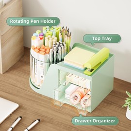 Marbrasse Desk Organiser,360-Degree Rotating Pen Holder,Desk Organisers Accessories with 5 Compartments Pencil Organizer,Art Supply Storage Box Caddy for Home Office (Green)