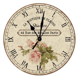Alioyoit Chic Style 15x15in Modern Round Wood Wall Clock Roman Numerals Wooden Clock Battery Operated Silent Non-Ticking French Vintage Flower Wall Clock for Kitchen Living Room Bedroom Cottage Decor
