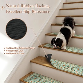 OJIA Floral Stair Treads Non-Slip Stair Runner for Wooden Steps Indoor 15PCS 30"x8" Carpet Stair Treads Stair Mats Staircase Step Treads for Kids, Elders and Dogs, Stair Covers, Beige