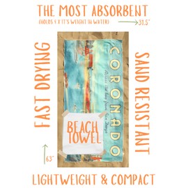 Monsoon Bay Coronado Beach Towel/Ultra Absorbent/Fast Drying/Sand Resistant with Retro California Artwork/Hidden Pocket for Valuables