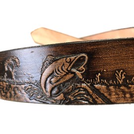 Fishing Design Handmade Mens Leather Belt Western Work Casual Belt 1.5" Wide Cocoa (50)