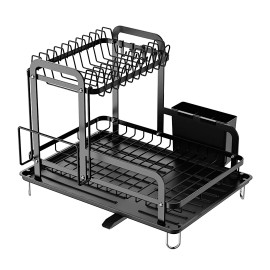 NewHome 2-Tier Dish Drying Rack with Drainboard Kitchen Counter Drainer Cutlery Holder