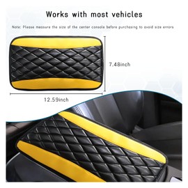 Dickno Car Center Console Cushion Pad, Universal Leather Waterproof Armrest Seat Box Cover, Comfortable Auto Armrest Cover Protector, Car Interior Decor Accessories for Most Vehicles (Black & Yellow)