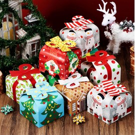 JOYIN 24 PCS 3D Christmas Goody Gift Boxes with Bow for Holiday Xmas Goodie Paper Boxes, School Classroom Party Favor Supply, 6” x 6” x 5.5” 8 Designs Candy Treat Cardboard Cookie Box for Gift Giving