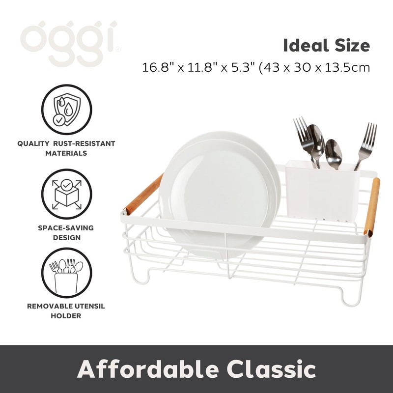 Oggi Large Dish Drying Rack - White & Bamboo Dish
