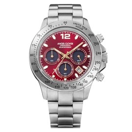Angel Clover NLUS44SSV-RE Men's Wristwatch, Luce Solar, Chronograph, Sapphire Glass, Red Dial, Silver, Red x Silver (Bracelet), Bracelet Type