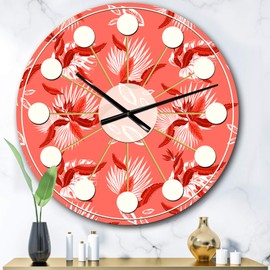 Designart Coral Flowers of Bird of Paradise Wall Art Design Mid-Century Modern Circle Wall Decorative Clock - Home Decorations for Home, Living Room, Bedroom, Office Decoration Round Metal Wall Clock