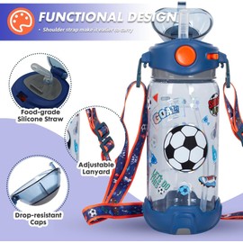 Botella de agua para niños y niñas, 22 onzas sin BPA, botella deportiva con pajita/cordón, apertura a prueba de fugas, tapa abatible para escuela y viajes