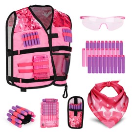 Lehoo Castle Kids Tactical Vest Kit Girls for Nerf Guns N-Strike Elite Series for Boys, with 30 Refill Darts, Dart Pouch, Tactical Mask, Protective Glasses (Pink)