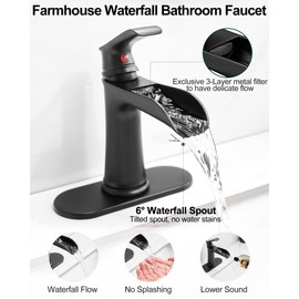 HOIGY Bathroom Waterfall Faucet, Brass Matte Black Bathroom Faucet, One Handle Bathroom Faucets for Sink 1 Hole or 3 Holes, 4 Inch Bathroom Sink Faucet with Drain Deck Plate Supply Hoses for Lavatory