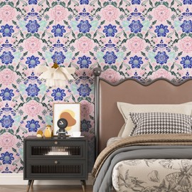 BOKEBEVE Big Floral Wallpaper Pink Flower Wall Paper Boho Contact Paper for Bedroom Drawer Cabinet Backsplash Symmetry Renter Friendly 17.5 x 118In