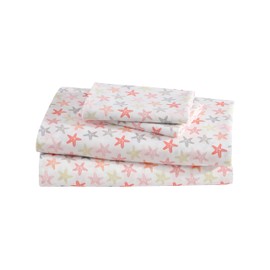 Beatrice Home Fashions Coastal Print Microfiber Sheet Set, Soft, Comfy, 12" Deep Pockets, King, Seastar-Coral