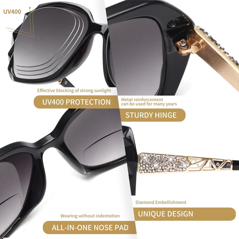 JM 2 Pack Bifocal Sunglasses for Women, Oversized Fashion Square