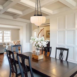 FCTWAKS Large Milk Glass Pendant Light, 14" Mid Century Modern Schoolhouse Ceiling Light Fixture, Vintage Chandelier for Bedroom, Dining Room, Hallway, Kitchen Island, Bulb Included, White