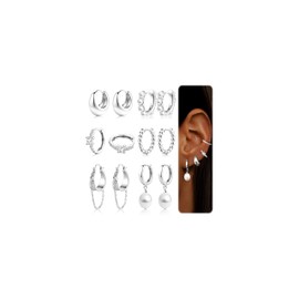 ZELORES 6 Pairs 14K Gold Plated Hoop Earrings for Women Trendy Chunky Hoop Earring Stack Multipack Huggie Hoops Pearl Chain Dangle Gold Hoop Earrings Set(Silver-Chain Dangle)