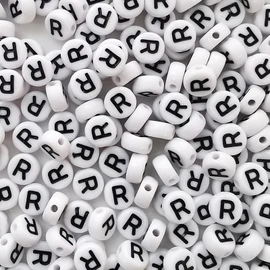 Looconi Letter Beads R 200pcs 7x4mm White Round Acrylic Black Alphabet for Bracelet Jewelry Making