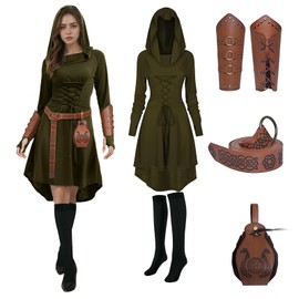 FSUJWOA 5 Pcs Renaissance Women Costume Medieval Hooded skirt Vintage Arm Guard Printed Belt and Waist bag (Green, Small)