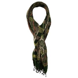 TigerTie Scarf in Green Grey Black Brown Orange Beige Patterned with Fringes - Size 200 x 50 cm