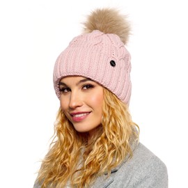 ELIMELI® Winter Hat Women's Hat with Fur Bobble Fleece Lining - Warm Women's Bobble Hat Knitted Hat - Winter Hat with Faux Fur Bobble - Slouch Knitted Beanie Made in EU, pink, Einheitsgröße