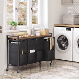 HOOBRO Laundry Sorter 4 Sections, Laundry Hamper with Wheels, 4 × 10.5 Gal (40 L), Rolling Laundry Basket, Pull-Out and Removable Oxford Fabric Bags, Rustic Brown and Black BF04XY01