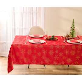 Kadut Christmas Tablecloth, Red & Gold Snowflake Table Cloth, Metallic Fabric Tablecloth. Elevate Your Dining Decor for a Stunning Holiday Experience. (60 x 84 Inch) for 5 Foot Rectangle Tables.